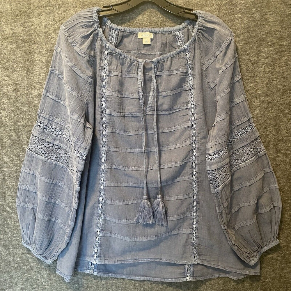 Sundance Top Womens Medium Blue Lace Embroidered Tassel Tie Tiered Boho Blouse